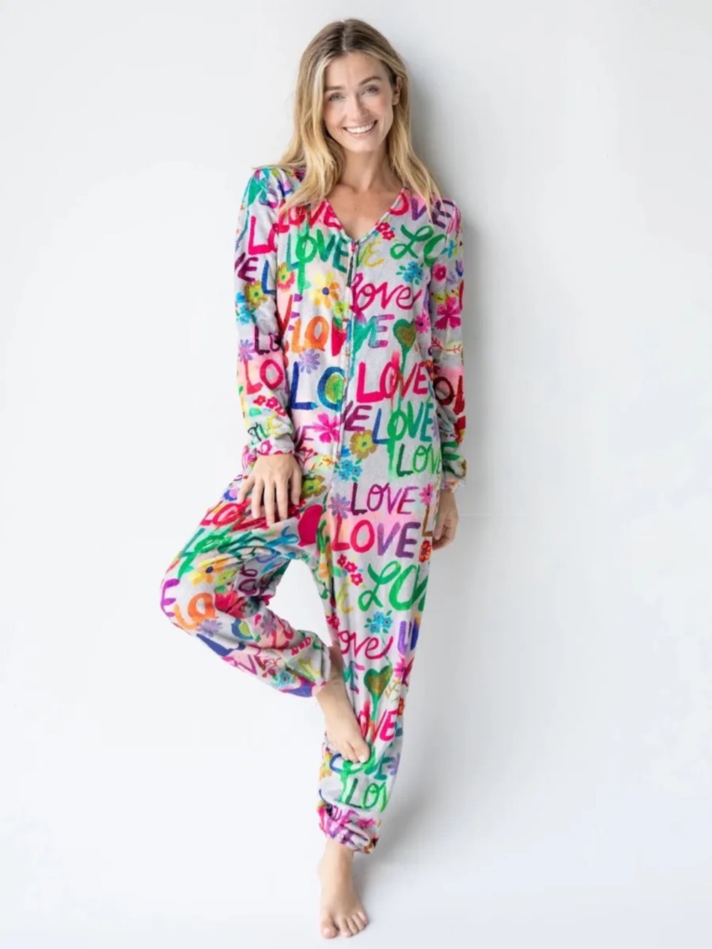 Natural Life Love Hearts Onesie Multicolor Fleece Pajama Size XS